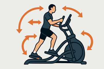 Man Exercising on Elliptical Machine with Motion Arrows.