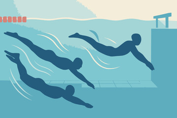 Swimmers Diving into Water A Silhouette Illustration.