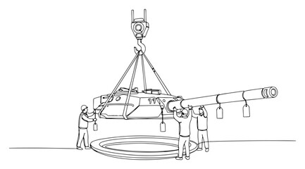 Continuous line drawing of workers assembling a military tank by lowering the turret with a crane © Wieslaw