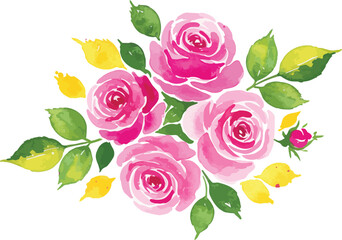 A beautiful bouquet of pink roses with green leaves and yellow petals