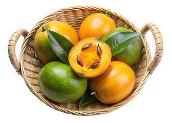 Fresh ripe lucuma fruit in a rustic wicker basket on white