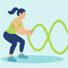 Woman exercising with battle ropes in a squat position.