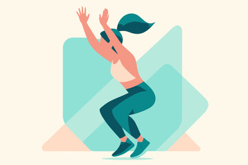Woman Performing Jumping Jacks Exercise with Arms Raised Up.