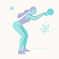 Woman performing kettlebell swing exercise with focus and determination.