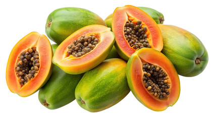 Fresh green and ripe orange papayas with seeds, piled close