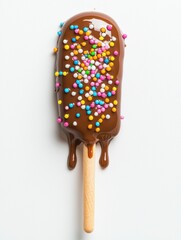 Chocolate dripping from biscuit stick, sprinkled with colorful confetti, presenting delectable dessert texture against pristine white surface