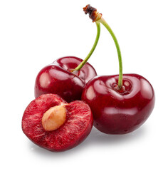 Sweet cherries and half of cherry isolated on white background. File contains clipping paths.