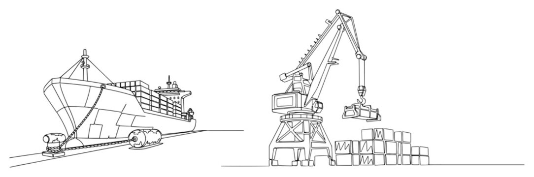 Continuous line drawing of a cargo ship docking at a commercial port with a crane loading containers