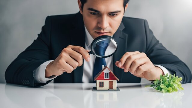 Professional real estate agent meticulously appraises a miniature house model with a magnifying glass on a pristine white desk