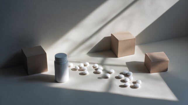 Pills and cardboard containers on surface with shadow for pharmaceutical and packaging branding concept