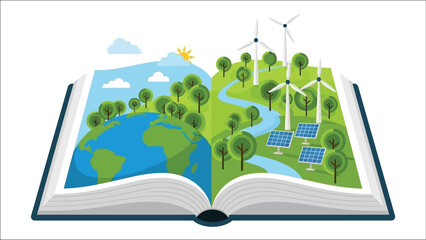 An open book revealing a landscape of earth nature and renewable energy sources