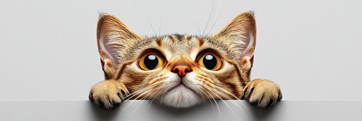 Fototapeta premium Adorable Tabby Cat with Big Eyes Curiously Peeking Over a Gray Surface, Perfect for Pet Lovers