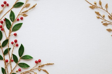 Golden Berry Branches with Green Leaves Frame on White Background | Festive Decoration