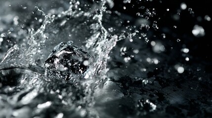 Dramatic water splash captured mid-motion on dark surface for beverage, hydration or energy concept imagery