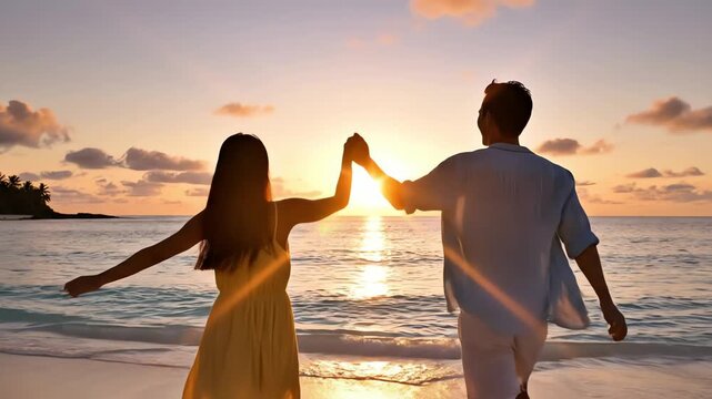 Carefree Couple Running Hand in Hand on Tropical Beach at Sunset &ndash; AI Generated