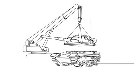 Continuous line drawing of a mobile crane lifting a turret onto a military tank © Wieslaw