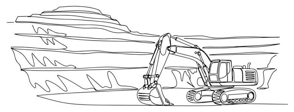 continuous line drawing of an excavator digging in an open pit mine