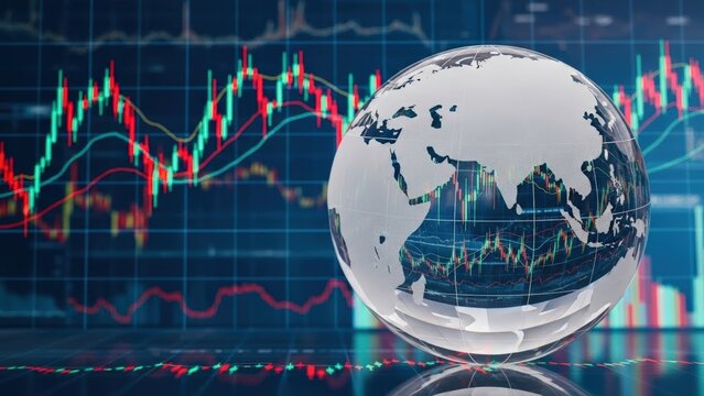 Shimmering glass globe prominently displays intricate graphs and data visualizations against a dynamic background of global financial charts, symbolizing market analysis - Powered by Adobe