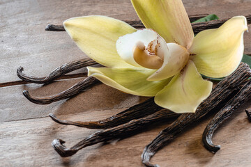 Yellow moth orchid flower and vanilla sticks on wooden table.