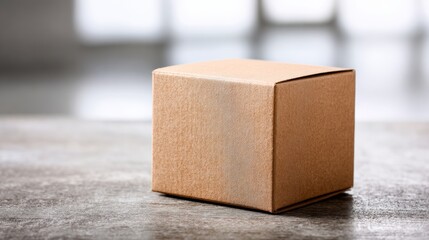 Single small cardboard box on gray concrete surface for eco-friendly product packaging and delivery branding visuals