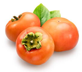 Ripe persimmon or kaki fruits with leaf on white background. File contains clipping paths.