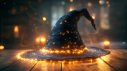 Close-up of a classic black witch&acirc;s hat on a wooden table, soft golden magical light trails swirling around the brim, warm candlelit atmosphere, realistic textures