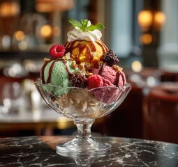 Gourmet Ice Cream Sundae with Berries and Nuts in Elegant Glassware