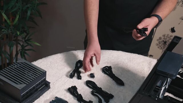 Preparing cables and modular power supply before PC assembly, man selects the required cable from those laid out on the table, with power supply unit and connectors nearby

