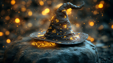 Close-up of a witch&acirc;s hat on a stone altar, glowing runes and swirling amber light trails, ancient mystical mood, detailed fabric texture