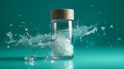 Glass vial with splash effect on turquoise background for energetic supplement branding and dynamic product presentation visuals