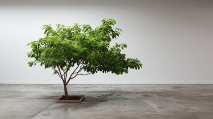 Single green tree on empty concrete surface for environmental sustainability product visuals and nature inspired design photography