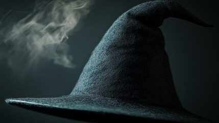 Close-up of a modern minimalist witch&acirc;s hat, clean black felt material, subtle white magical light trails, neutral background, stock-friendly composition