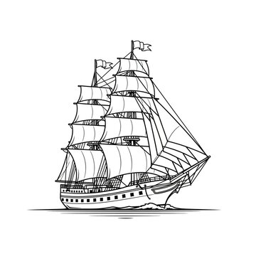 Classic threemasted tall ship with full sails depicted in a black and white vintage engraving line art style.