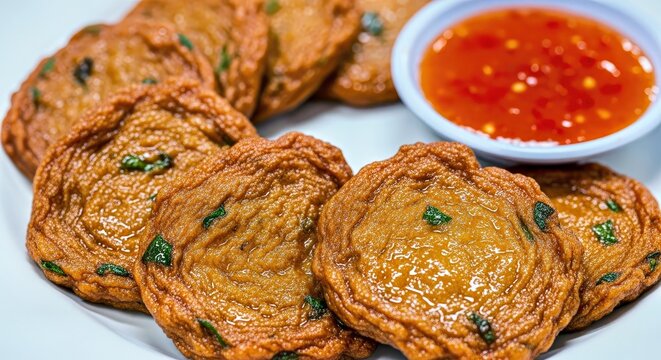 Close-up of Golden-Brown Tod Mun Pla Thai Fish Cakes and Zesty Dipping Sauce