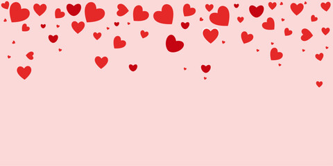 Valentine's Day horizontal banner with falling red hearts on a soft background. Elegant festive design for Valentine's Day sales, website headers, or romantic greetings. Clean space for text. Vector  © Vusala