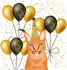 Illustration for the birthday of a caracal on a white background.