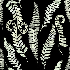 This is a monochrome watercolor illustration featuring hand-painted fern leaves arranged in a seamless botanical pattern. It can be used for wallpapers, textile prints, packaging design, stationery, b