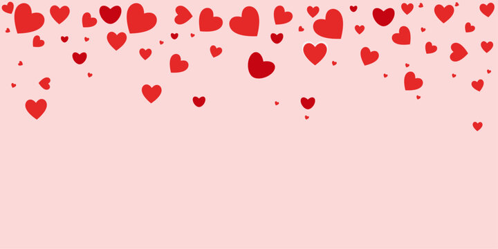 Valentine's Day horizontal banner with falling red hearts on a soft background. Elegant festive design for Valentine's Day sales, website headers, or romantic greetings. Clean space for text. Vector 