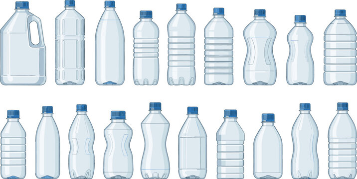 Large collection of clear plastic water bottles and jugs in different shapes and sizes with blue caps isolated on a clean white background.