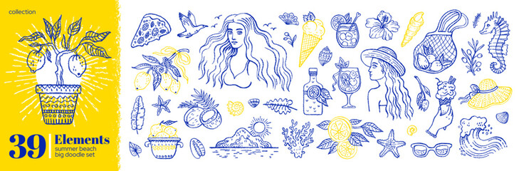 Mediterranean vacation doodle. Summer sea beach and food illustration. Mediterranean sea Italy, Greece icon. Italian Amalfi lemon, wine, food, coast. Doodle summer vacation sketch. Hand drawn beach bg © Olga Che