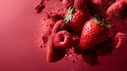 Frozen berries splash in air on pink background for energetic fruit branding and dynamic photography food composition