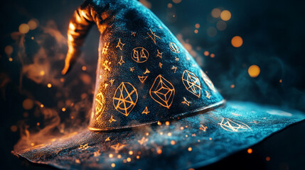 Close-up of a witchâs hat decorated with subtle symbols, glowing magical light trails tracing the symbols, dark neutral background