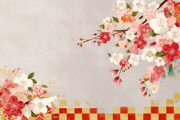 Japanese Cherry Blossoms on Textured Background with Golden Checkerboard