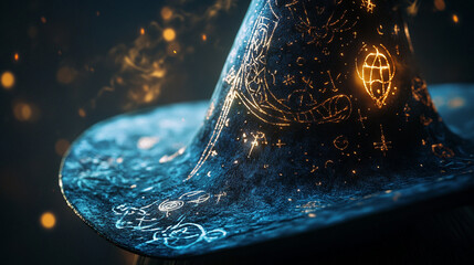 Close-up of a witch&acirc;s hat decorated with subtle symbols, glowing magical light trails tracing the symbols, dark neutral background