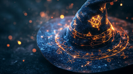 Close-up of a witch&acirc;s hat decorated with subtle symbols, glowing magical light trails tracing the symbols, dark neutral background
