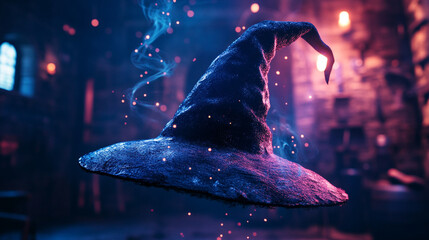 Close-up of a witch&acirc;s hat in a fantasy workshop, tools blurred in background, dynamic swirling magic light trails, realistic depth of field