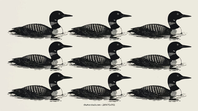 A black and white illustration of 12 loon birds arranged in three rows of four 