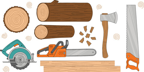 Professional woodworking tools set including chainsaw circular saw handsaw and axe with wood logs and planks for carpentry and forestry industry illustration.