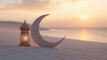 Ramadan background with islamic lantern and crescent moon on beach sand at sunset