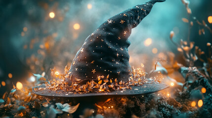 Close-up of a witch&acirc;s hat in an inclusive cultural fantasy setting, mixed decorative elements, soft glowing magical light trails, neutral stock aesthetic